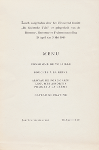 710503 Uitklapbare menukaart van de lunch in het Jaarbeursrestaurant, aangeboden door het Uitvoerend Comité van de ...